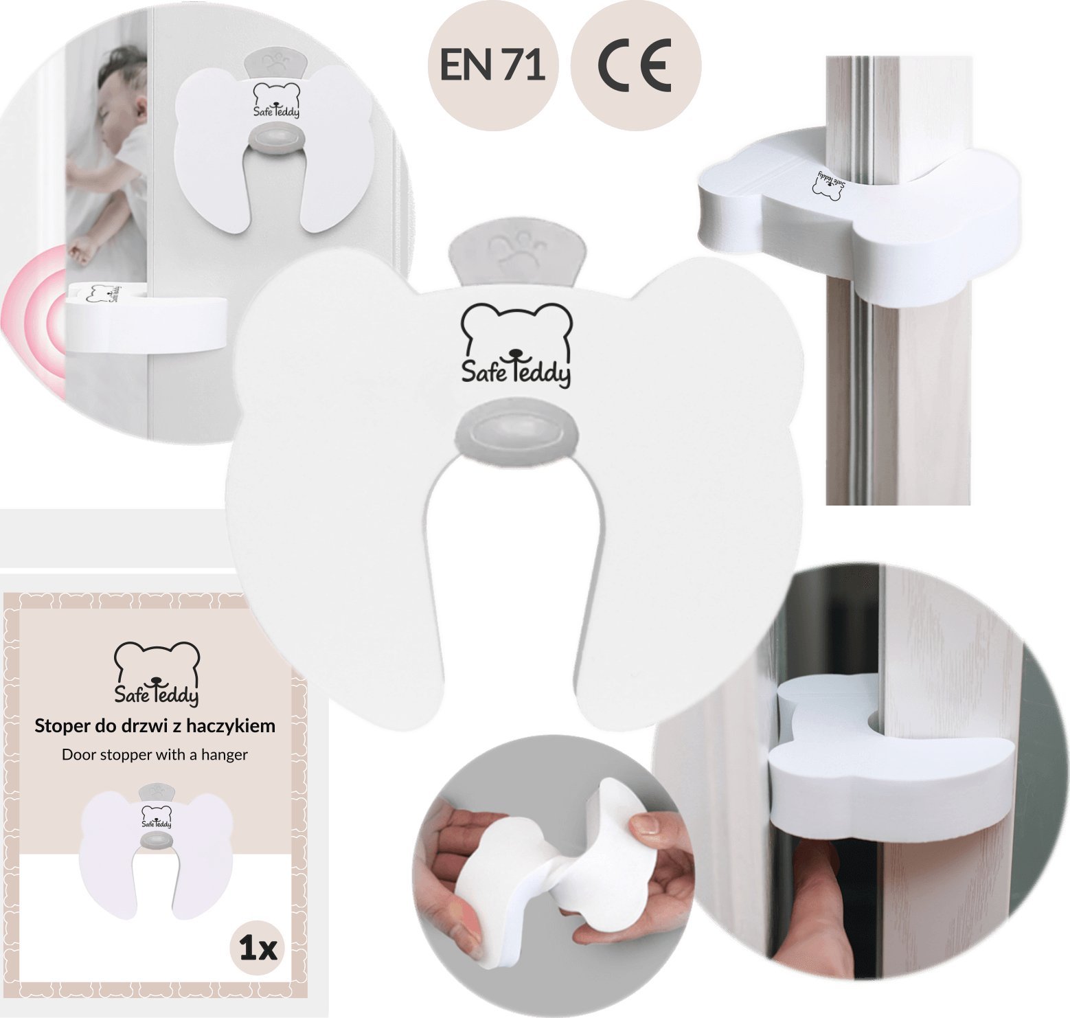 SafeTeddy Stoper zabezpieczenie z haczykiem blokada odbojnik klin do drzwi SafeTeddy