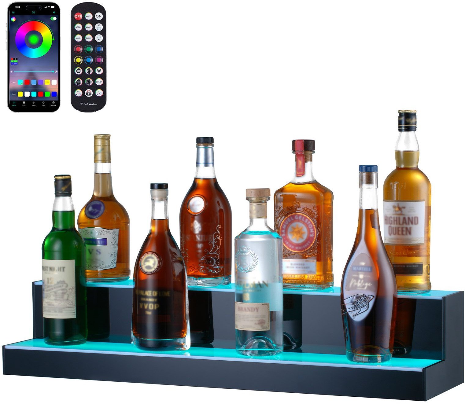 Podświetlana półka na alkohol 76cm sterowanie RF/aplikacja 2-poziomy bar