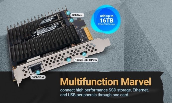 Sonnet McFiver PCIe Card - Multifunction Adapter Card with Dual M.2 NVMe SSD Slots, 10Gb�Ethernet and Two 10Gbps USB-C�Ports
