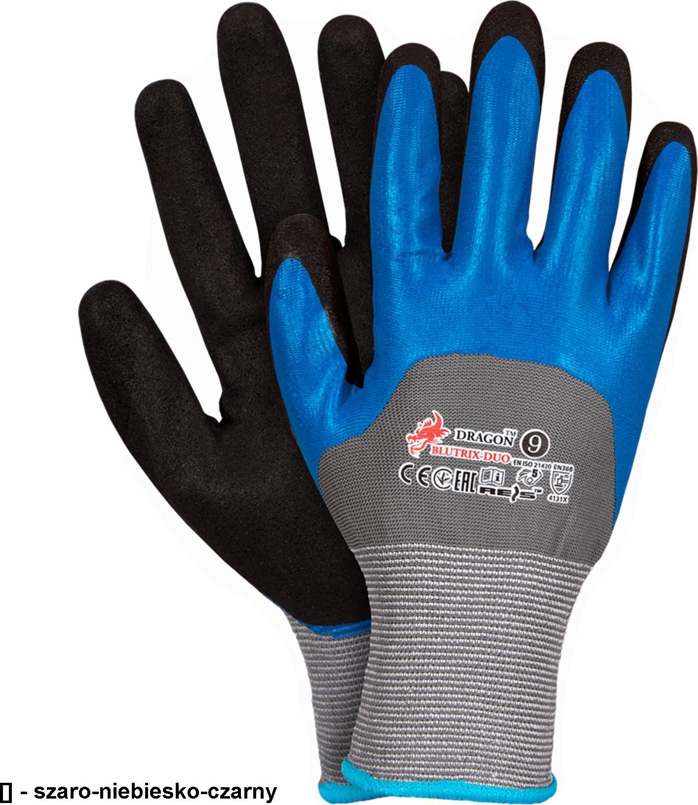 R.E.I.S. BLUTRIX-DUO - rękawice ochronne, ściągacz, poliester (ścieg 10