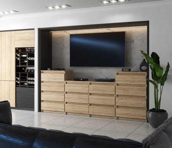 Komoda 14 Szuflad Duża Szafka Rtv 220cm Nowoczesna Meblościanka Dąb Sonoma