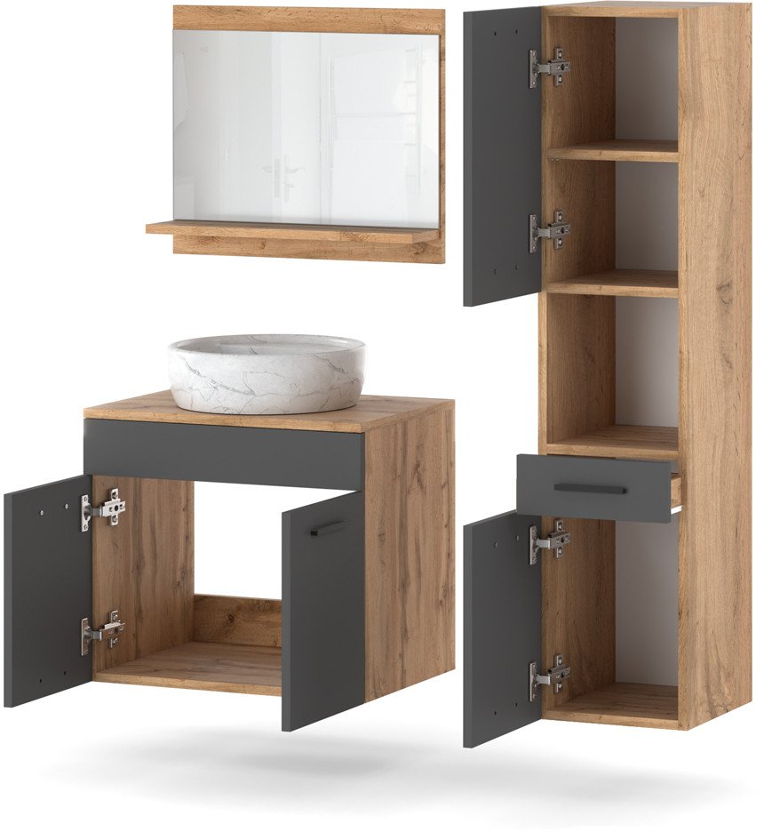 Zestaw Do Łazienki Szafki Wiszące 90cm Słupek Umywalka Lustro Wotan Szary