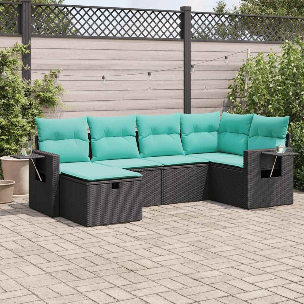 Garden Sofa Set Black, Blue PE Rattan, Powder-Coated Steel, Polyester