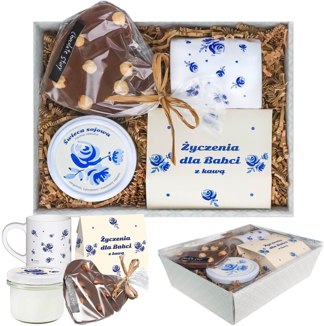 Gotowy zestaw prezentowy Życzenia dla Babci kawa aromatyzowana PREMIUM mix 5 saszetek kubek świeca czekoladowe serce prezent upominek na Dzień Babci