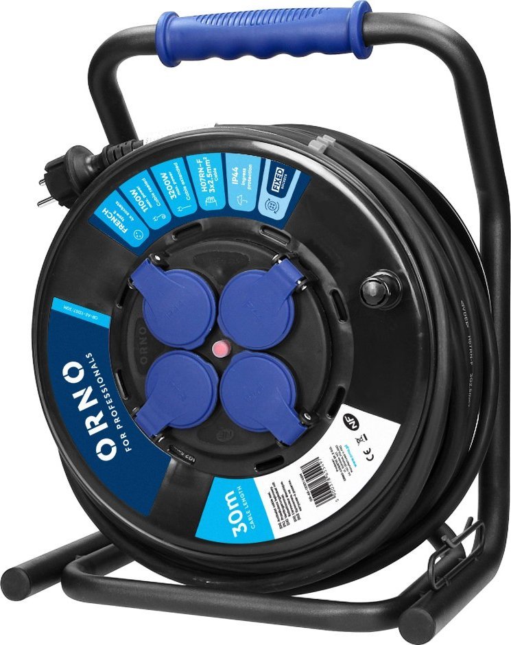 Przedłużacz bębnowy profesjonalny IP44, 4 gniazda 2P+Z (schuko), kabel gumowy olejoodporny, H07RN-F 3x2,5mm?, długość 20m, unika