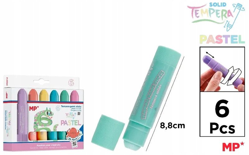Farby tempera pastel w sztyfcie 6 kolorów