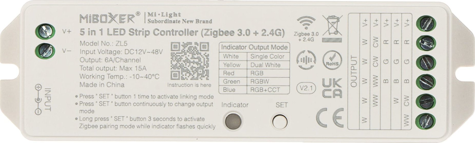 MiBoxer STEROWNIK OŚWIETLENIA LED ZigBee, ZL5 Wi-Fi, 2.4 GHz, RGBCCT (RGBWW) 12... 48V DC MiBOXER / Mi-Light