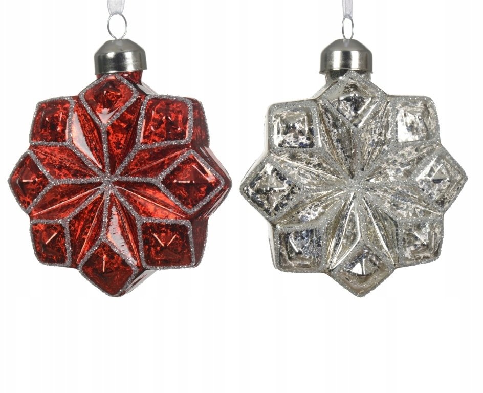 Bombka choinkowa szklana kształtka śnieżynka czerwona srebrna 8cm 1szt