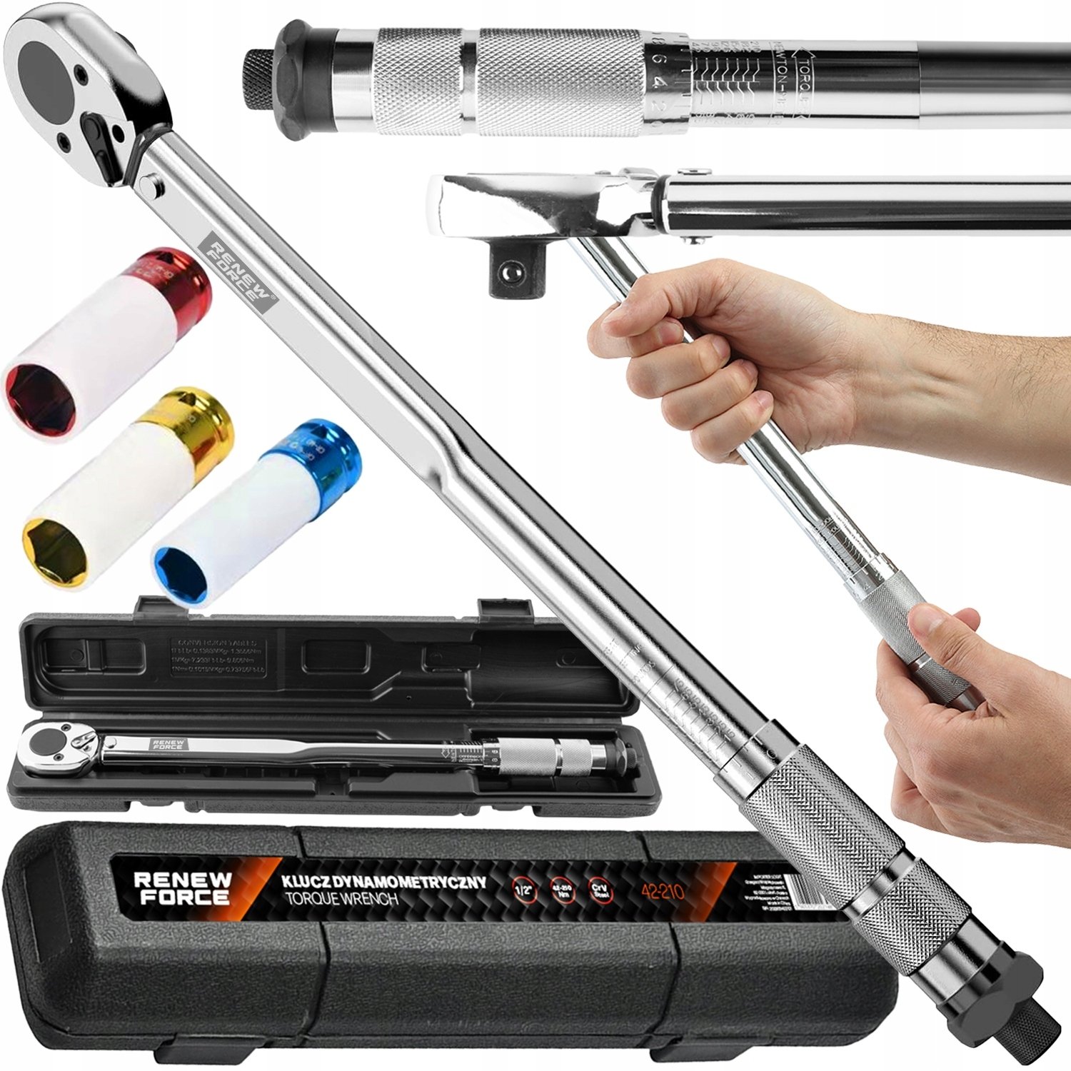 Renew Force Zestaw kluczy dynamometrycznych z blokadą 1/2 " 42-210nm 3 NASADKI