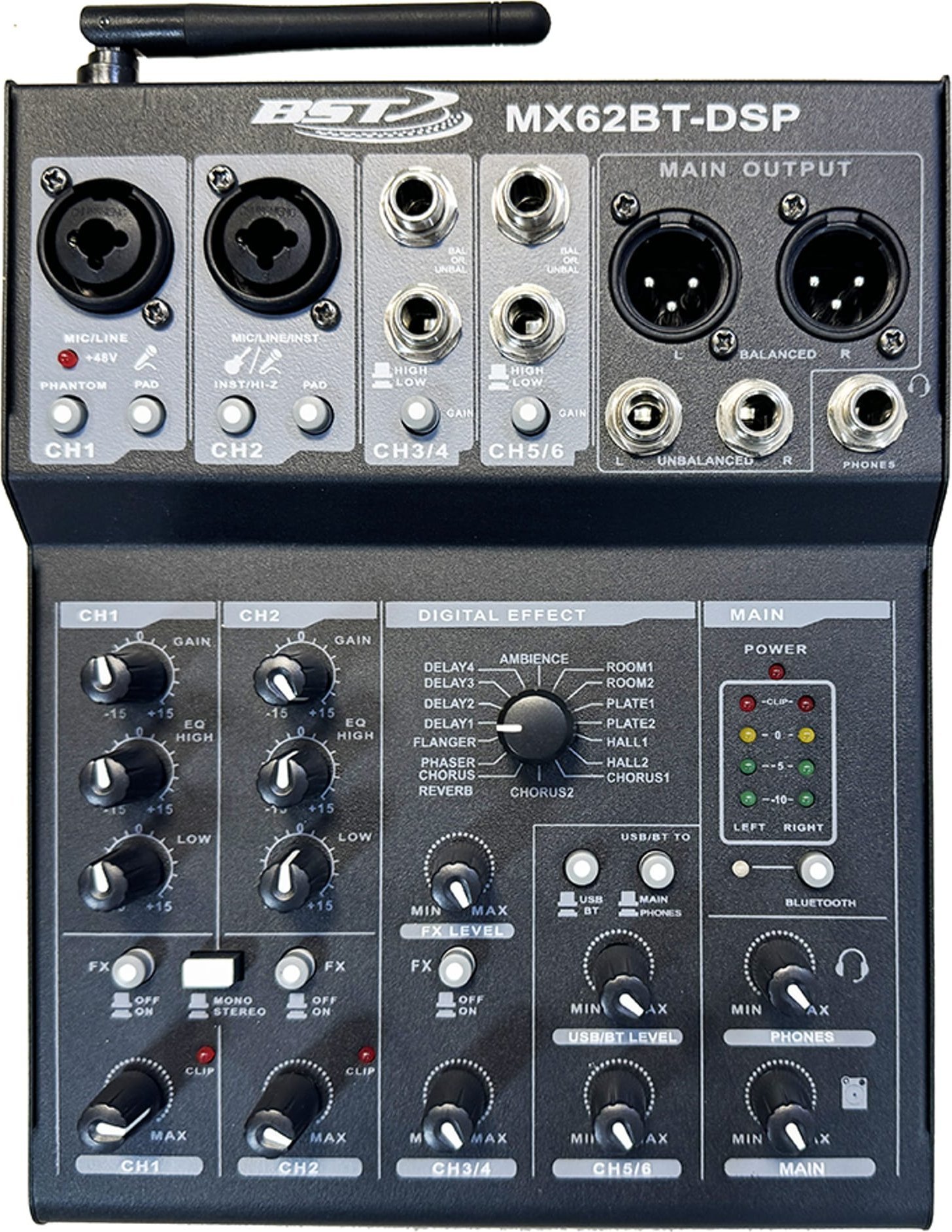 BST Mikser 6 kanałowy 2x mic Bluetooth 16 DSP BST