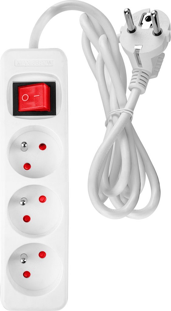 Neo Przedłużacz listwowy 3m, 3x1.5mm2, 3G, biały, ON/OFF