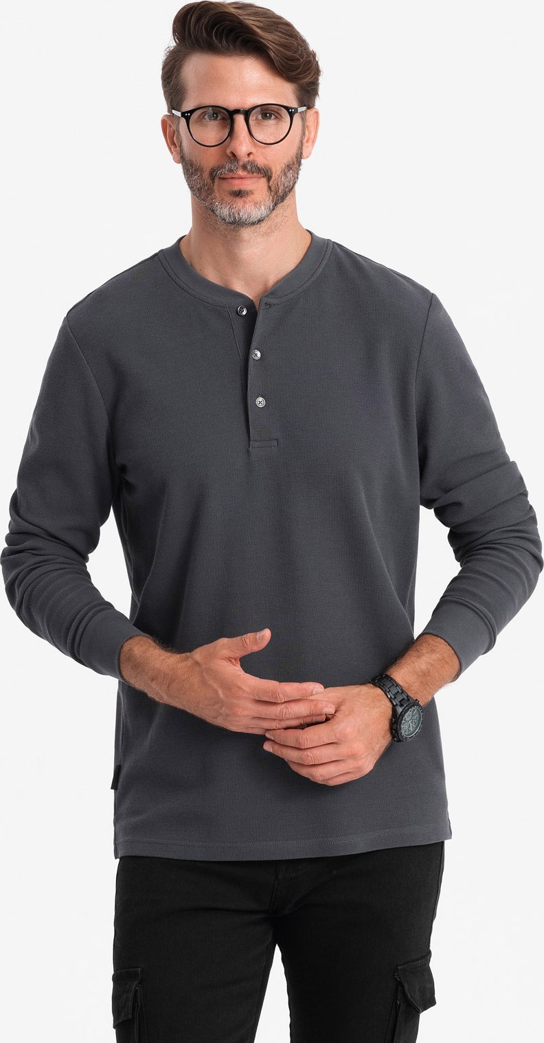 Ombre Męski longsleeve zapinany pod szyją z dzianiny waflowej grafitowy V3 OM-LSCL-0120 XL