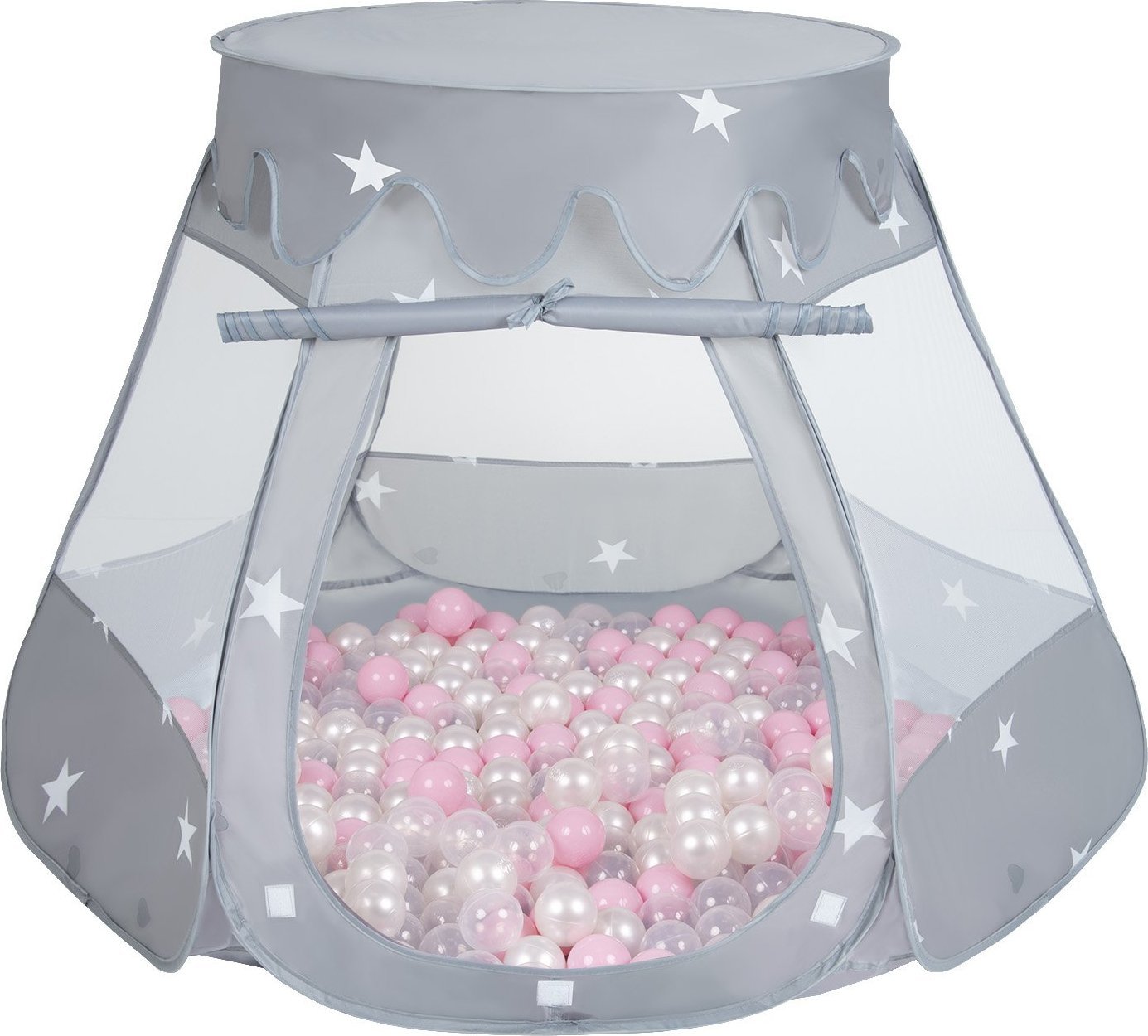Selonis Selonis Namiot zamek NZ-100X z piłeczkami 6cm szary: pudrowy róż-perła-transparent 105x90cm/200piłek Zabawka namiot dla dzieci