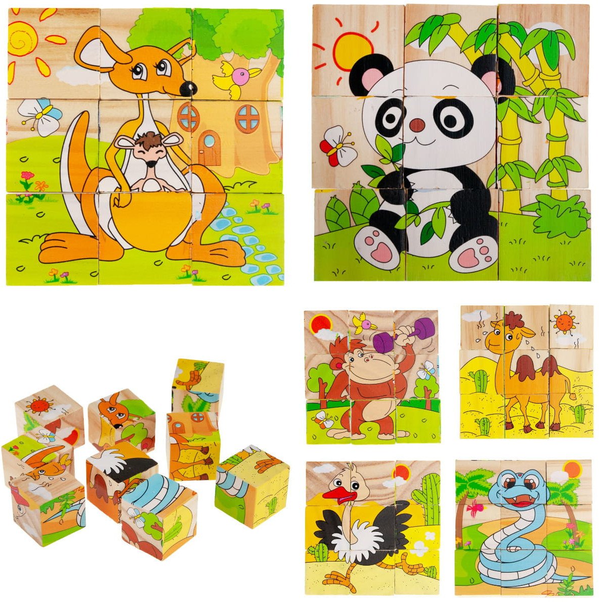 TG50051 KLOCKI DREWNIANE PUZZLE UKŁADANKA ZWIERZĘTA 6W1