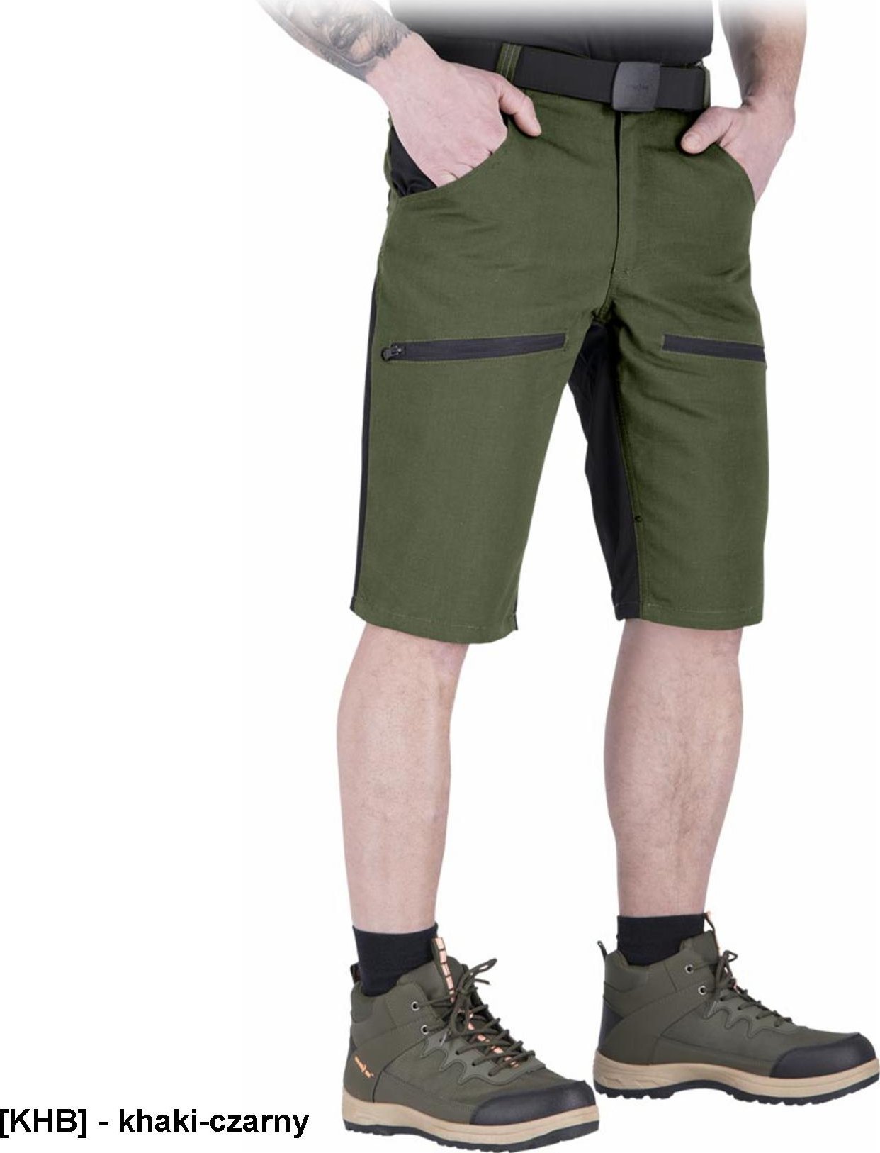 R.E.I.S. HOBBER-TS - Spodnie ochronne robocze do pasa krótkie nogawkami męskie canvas 65% poliester, 35% bawełna o 260 g/m2 - khaki-czarny 3XL