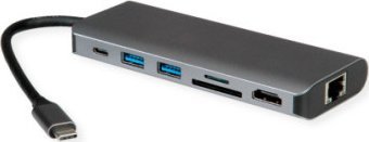 Roline Stacja dokująca ROLINE USB typu C, 8K30 HDMI, 2x USB3.2 Gen1 (A), 1x PD, 1x LAN, SD/MicroSD