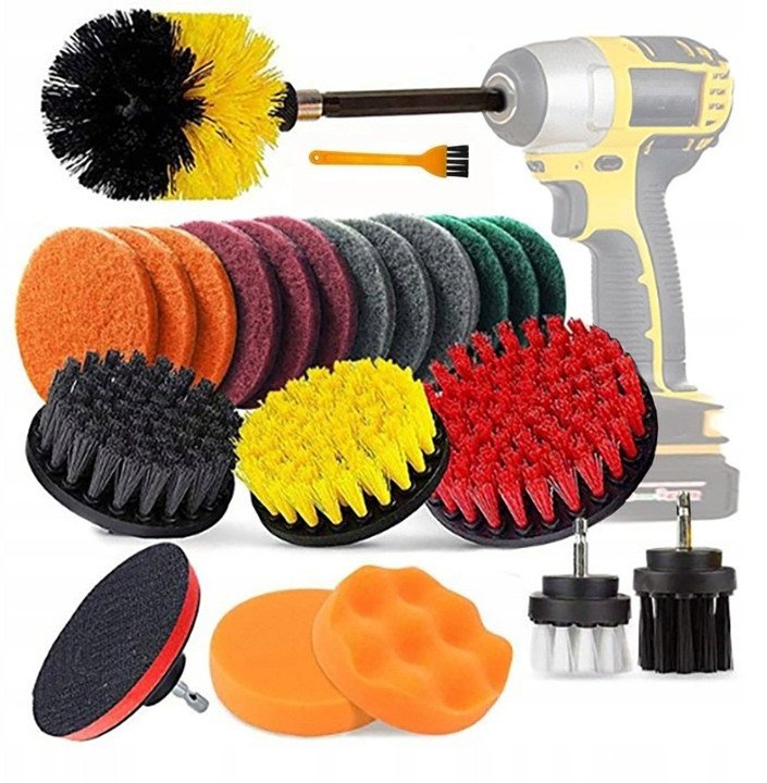 MEGA ZESTAW 23SZT DO CZYSZCZENIA MYCIA TAPICERKI SZCZOTKI NA WIERTARKĘ PADY