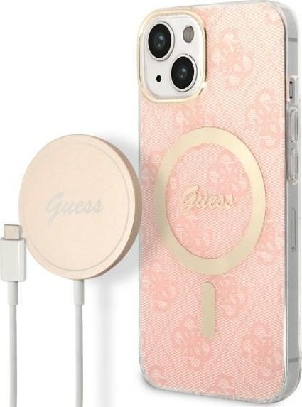 Guess Zestaw Guess GUBPP14MH4EACSP Case+ Charger iPhone 14 Plus 6,7" różowy/pink hard case 4G Print MagSafe NoSize