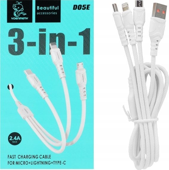 Kabel USB Denmen KABEL USB 3W1 DENMEN BIAŁY 1M D05E>