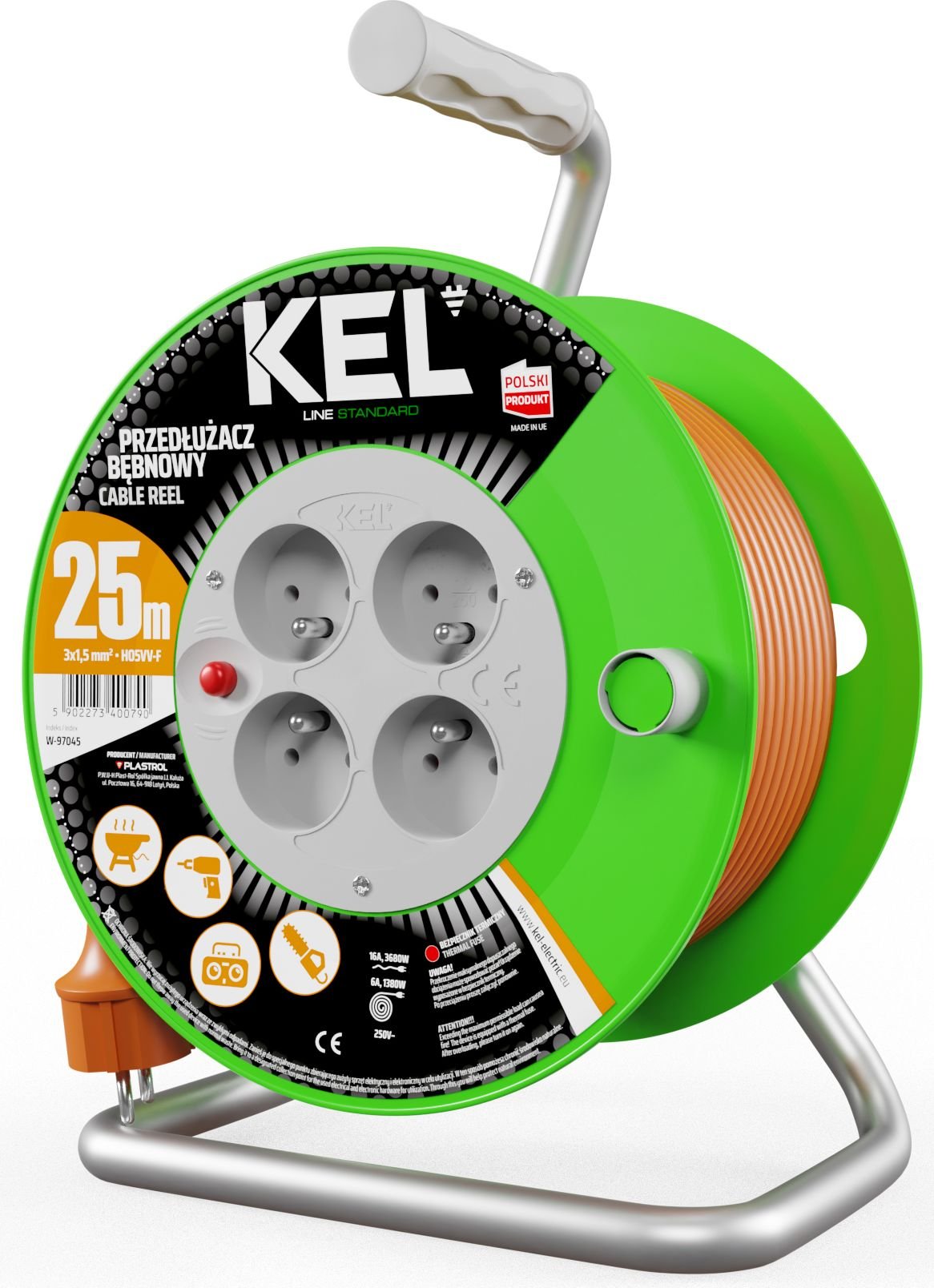 KEL Przedłużacz bębnowy STANDARD LINE 25m H05VV-F 3x1,5 4xGS 16A pomarańczowy (W-97045)