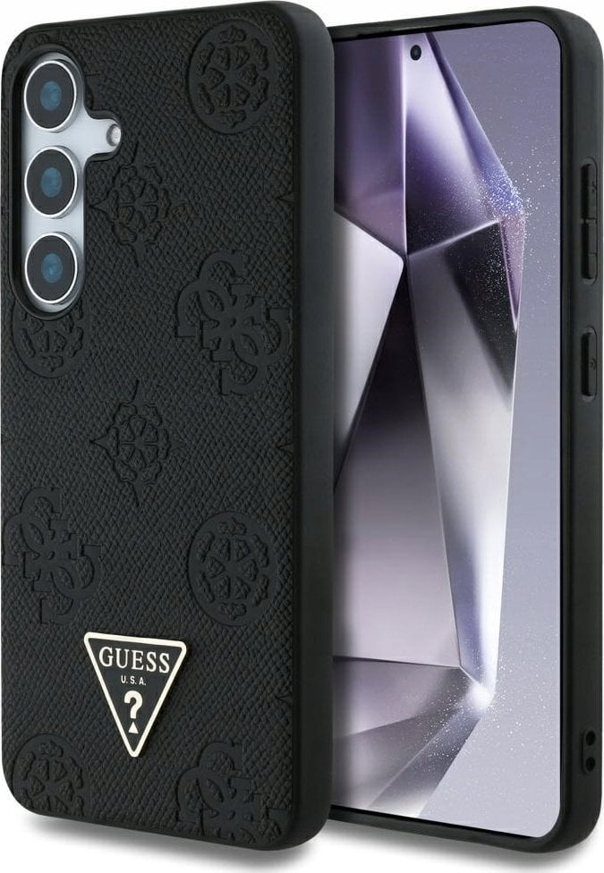 Guess Etui Grained Hot Stamp Peony Pattern Triangle Logo MagSafe do Samsung Galaxy S25 czarny