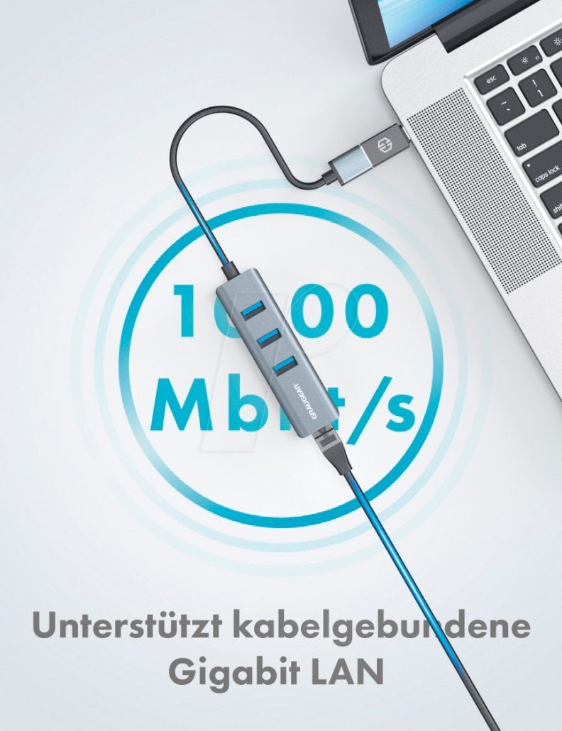 HUB USB Graugear USB-HUB 3x USB 3.0 Ports Type-A+ Gbit LAN retail