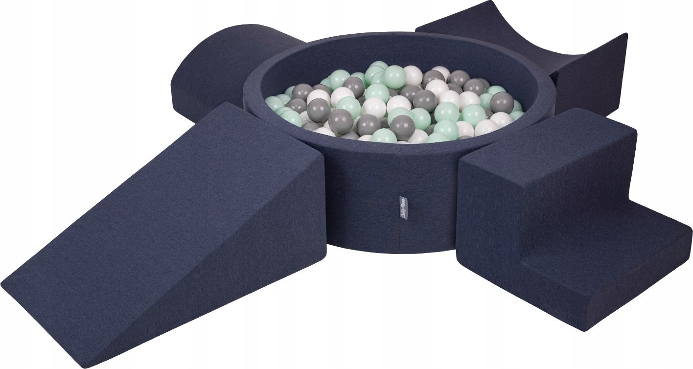 KiddyMoon Piankowy plac zabaw PPZP-OK30D-115 z piłeczkami granatowy: biały-szary-mięta basen 300/klin L/rampa L/półwałek L/schodek Zabawka plac zabaw