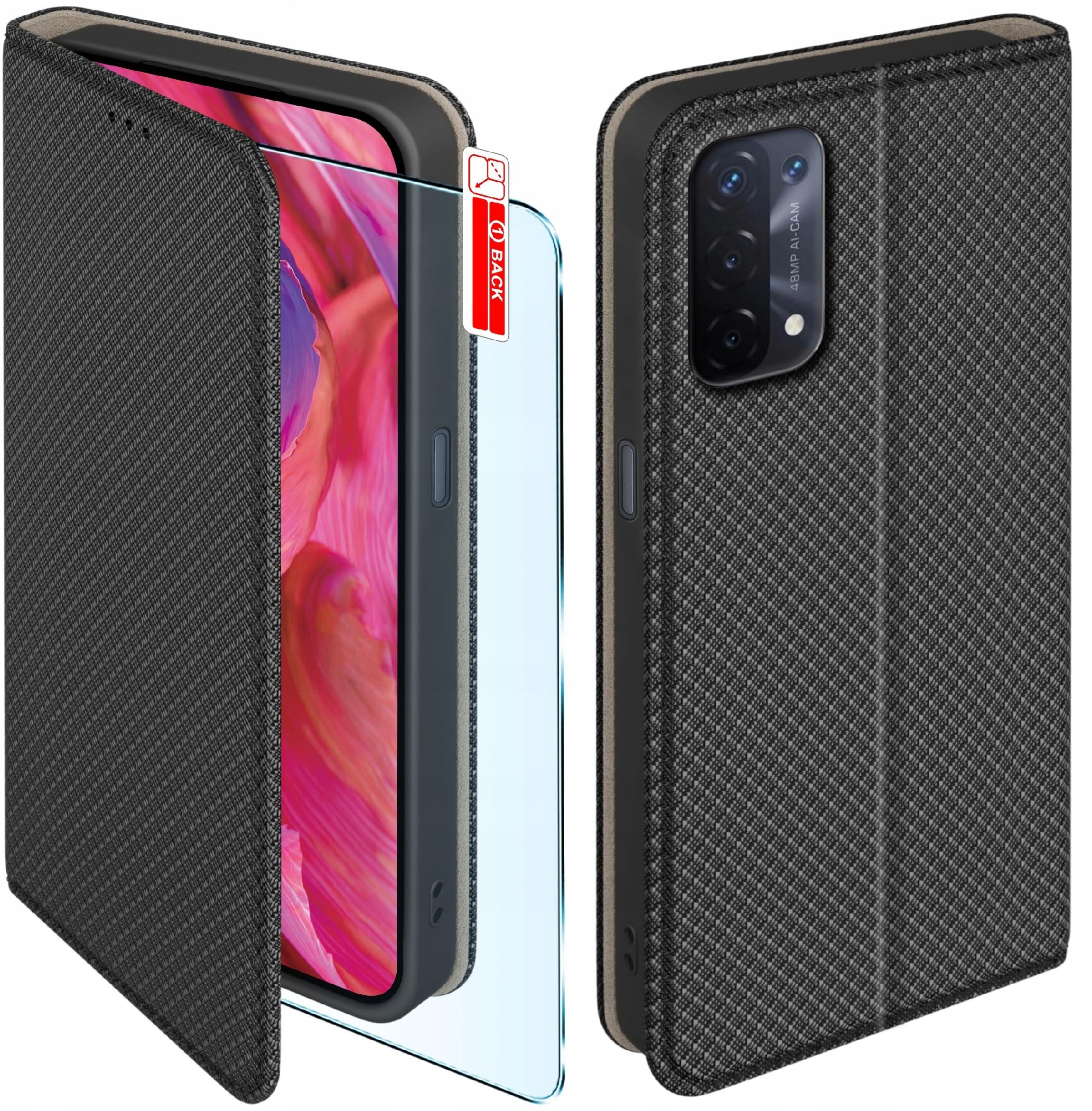 Etui z klapką do Oppo A54 5G | A74 5G Zamykane Czarne Futerał + Szkło 9H