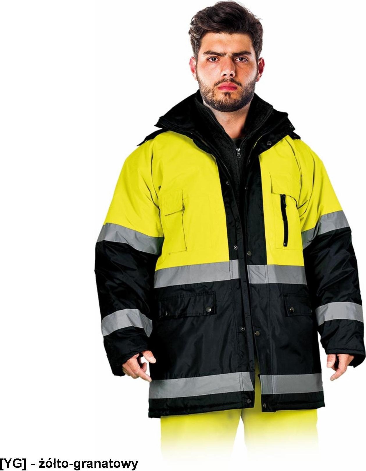 R.E.I.S. BLUE-YELLOW - odzież ochronna, kurtka zimowa z pasami odblaskowymi 2XL