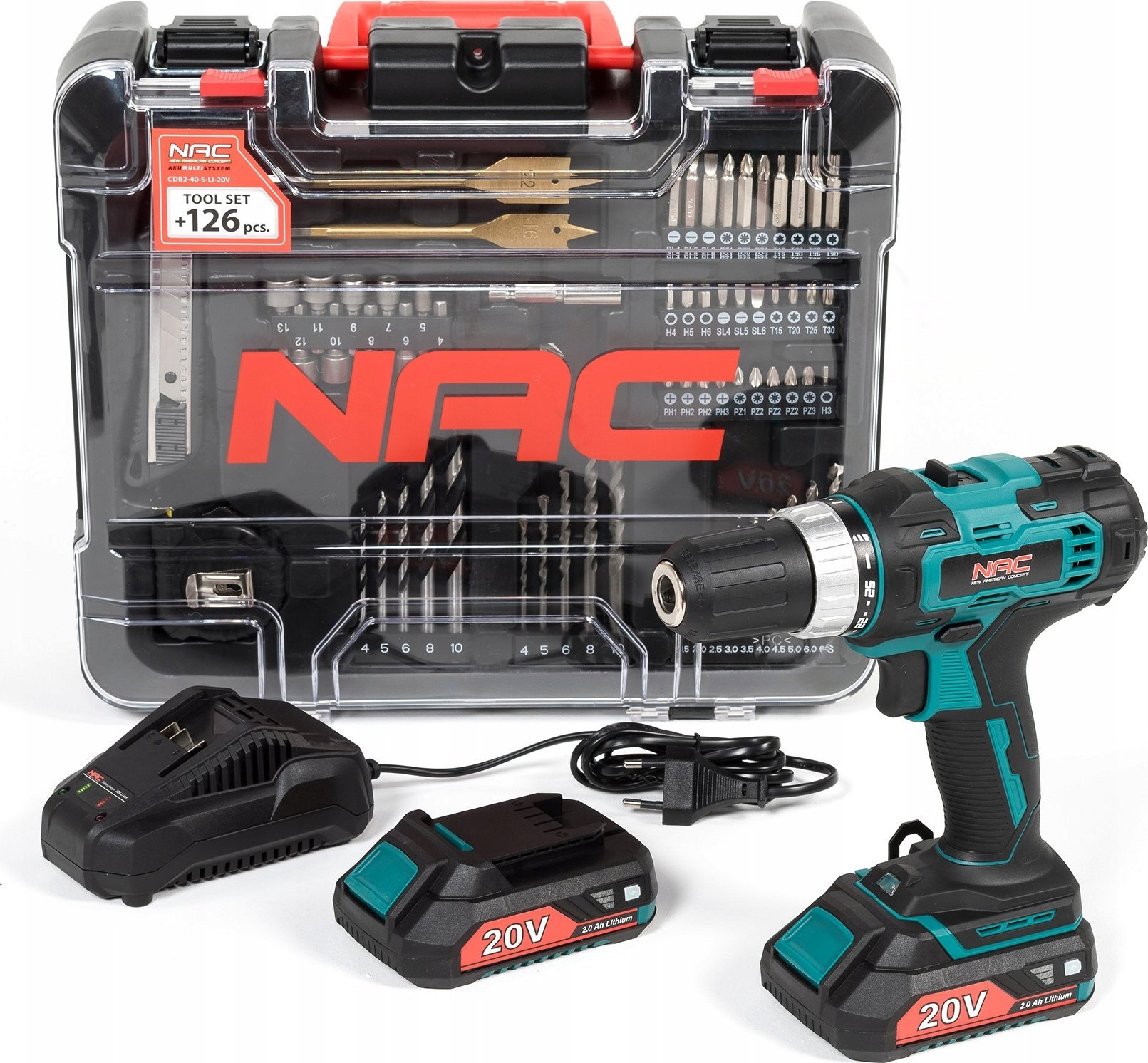Wiertarko-wkrętarka NAC CDB2-40-S-LI-20V 20 V 2 x akumulator 2 Ah + zestaw 126 akcesorii