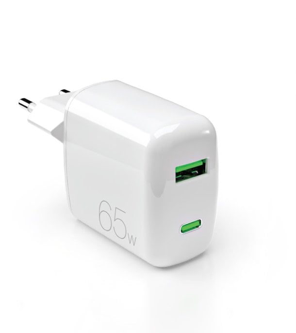 Ładowarka sieciowa Puro 65W GaN USB-A USB-C - biała