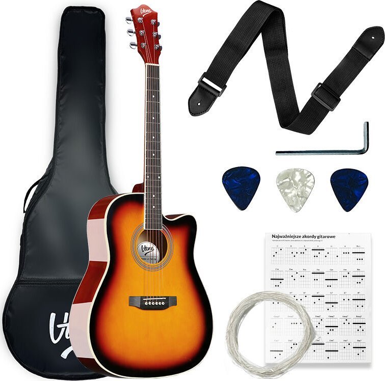 V-Tone V-TONE AG TWO SB gitara akustyczna 4/4 czarna zestaw kostki pasek zapasowe struny pokrowiec akordy klucz regulacyjny