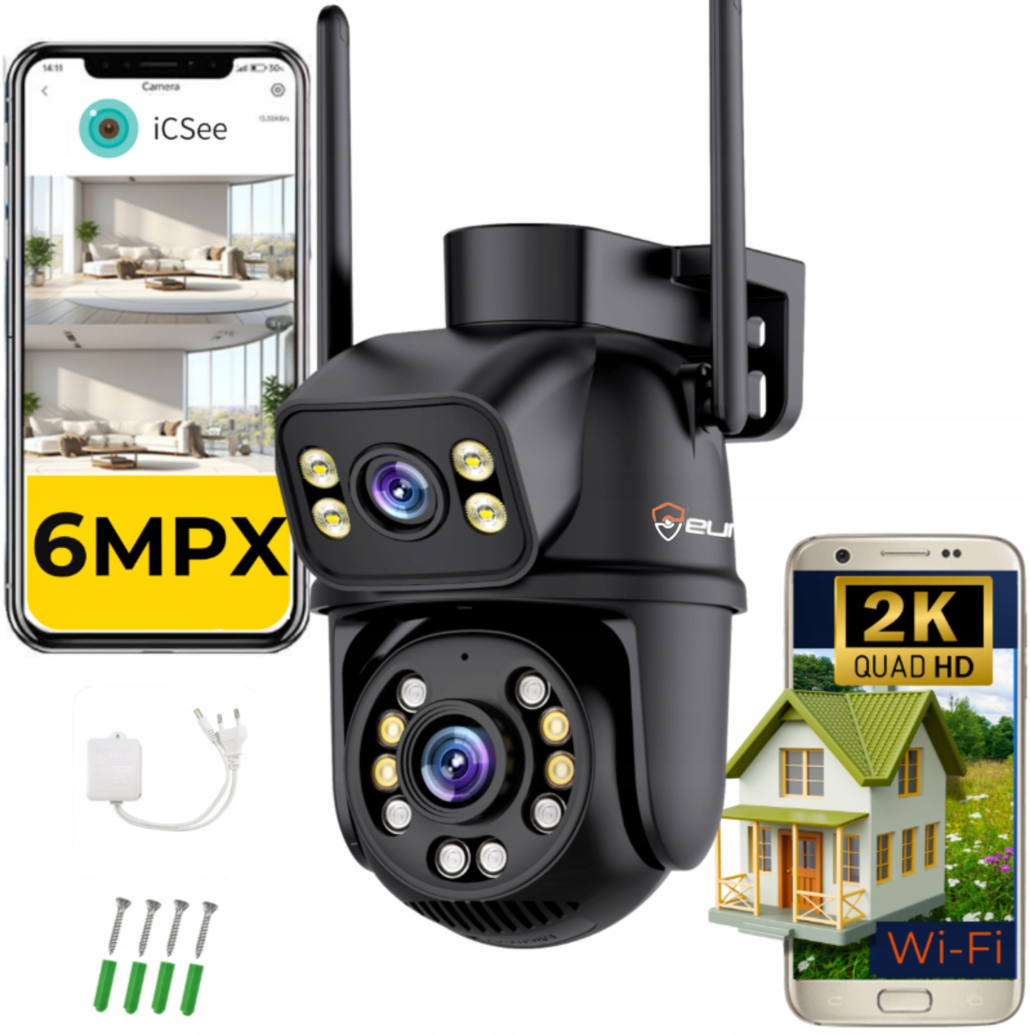 Podwójna Kamera WIFI IP Zewnętrzna Obrotowa 6MPX Detekcja Mikrofon CZARNA