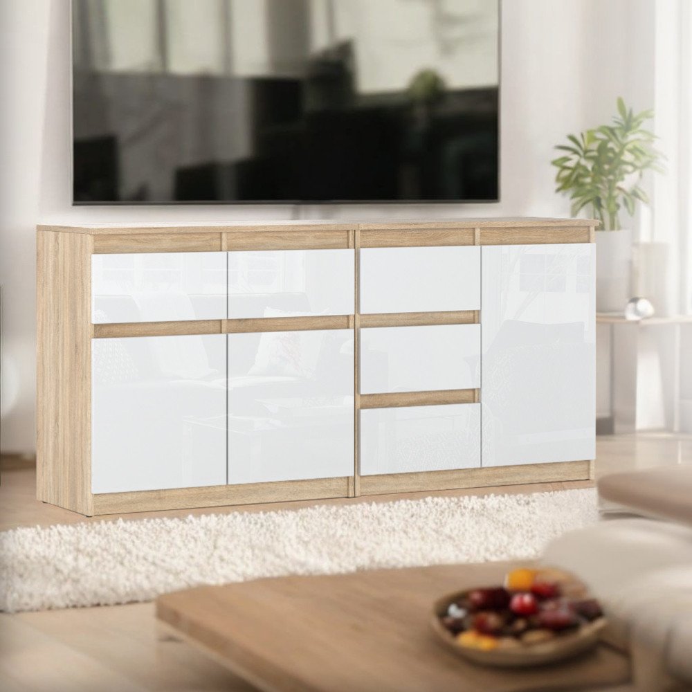 Komoda Pojemna Nowoczesna Szafka Dąb Sonoma Biały Połysk 6 Szuflad Duża