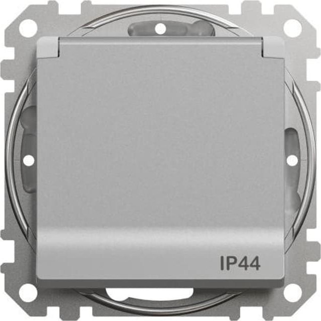 Schneider Electric Sedna Design, Gniazdo 2P+PE z przesłonami IP44, srebrne aluminium