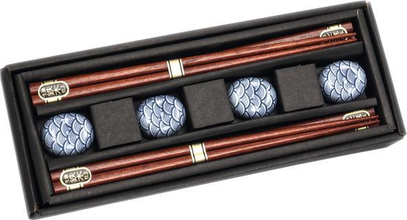 Emro Aziatica Zestaw Seigaiha, pałeczki z ciemnego drewna z podstawkami 22,5cm - 4 par