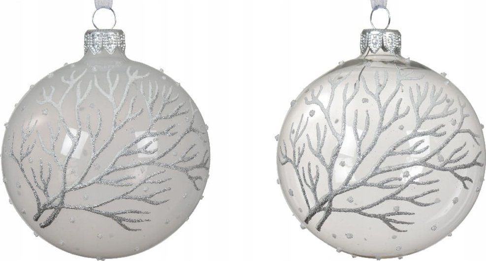 Kaemingk Szklana bombka na choinkę 8cm z brokatową srebrną gałązką 1szt