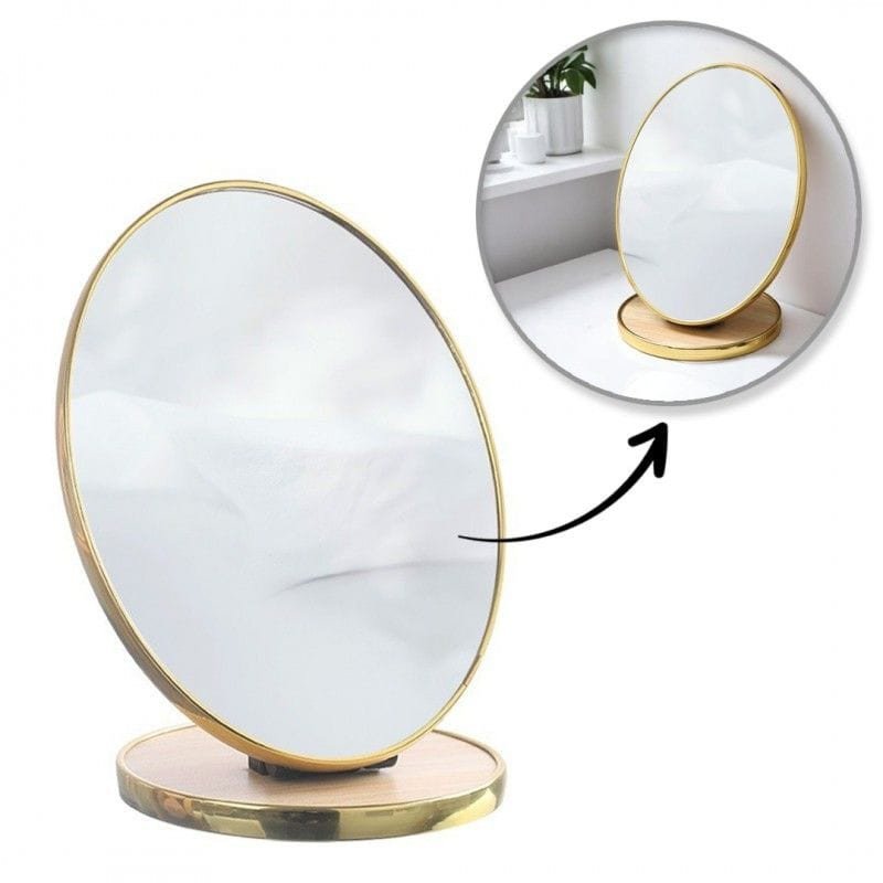 Lusterko kosmetyczne stojące drewniane, owalne, złota ramka 15 x 20cm L18