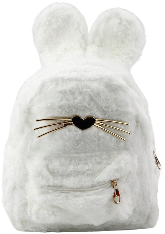 Plecak Dziecięcy Futrzany Pluszowy Uszy Nos Wąsy Królika Biały 3L 22cm