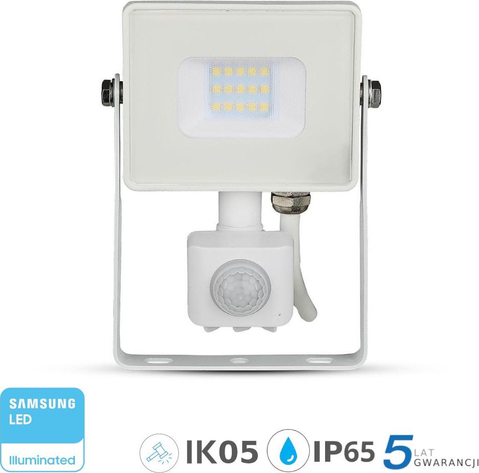 Naświetlacz V-TAC Projektor LED 10W 800lm 6400K Dioda SAMSUNG z czujnikiem ruchu PIR Biały IP65 435