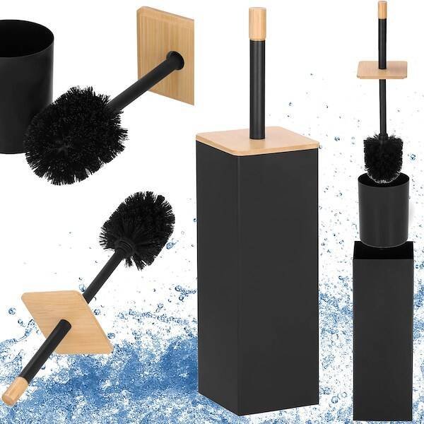 Springos Szczotka do toalety z pojemnikiem metalowym, bambusowa WC brązowo-czarna UNIWERSALNY