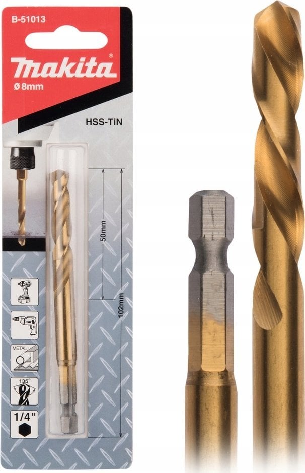Wiertło Makita MAKITA WIERTŁO DO METALU HSS-TIN 1/4" HEX 8,0x102mm