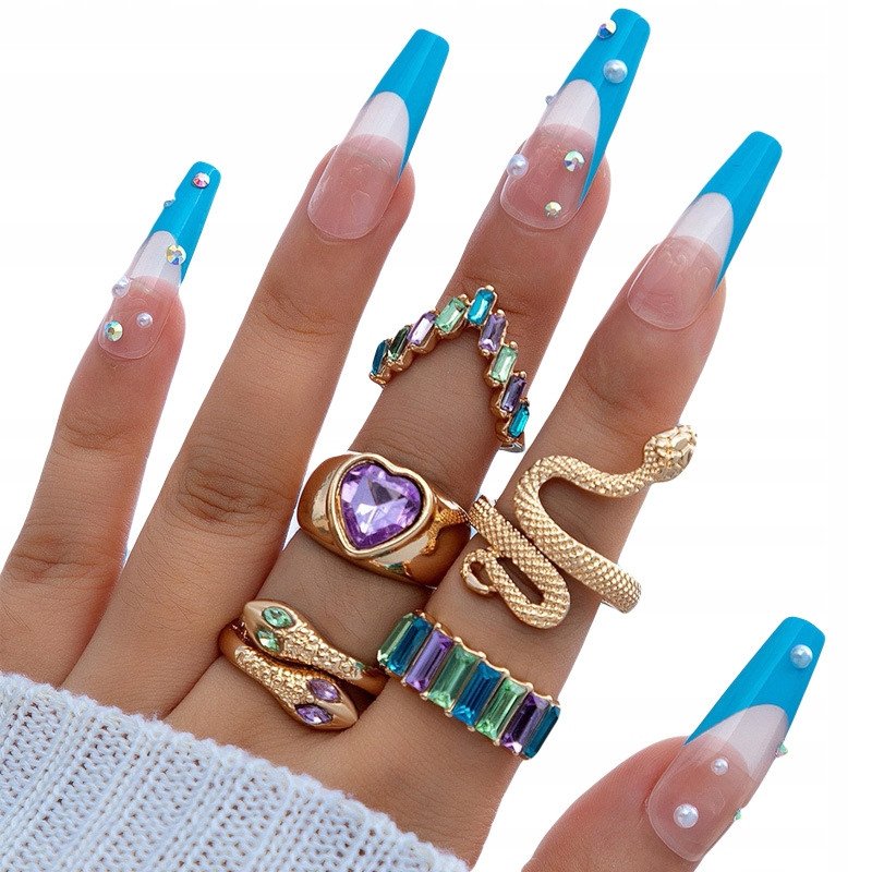 ZESTAW Złotych PIERŚCIONKÓW RETRO PUNK VINTAGE 5 Sztuk WĄŻ Serce PASTELOWY