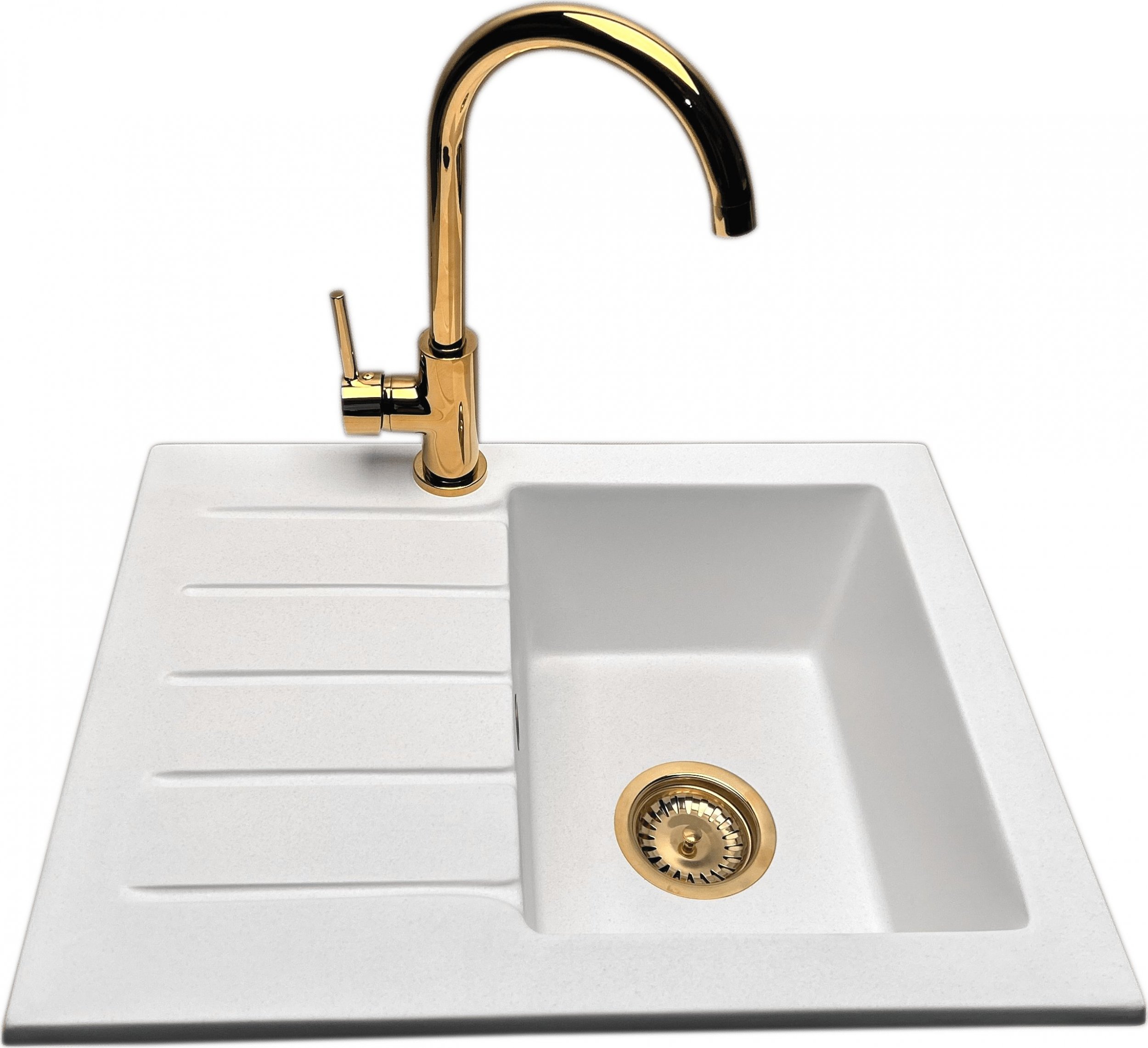 Zlewozmywak PREHNIT Zlewozmywak jednokomorowy z ociekaczem ARAGON biały z lewym ociekaczem + bateria złota