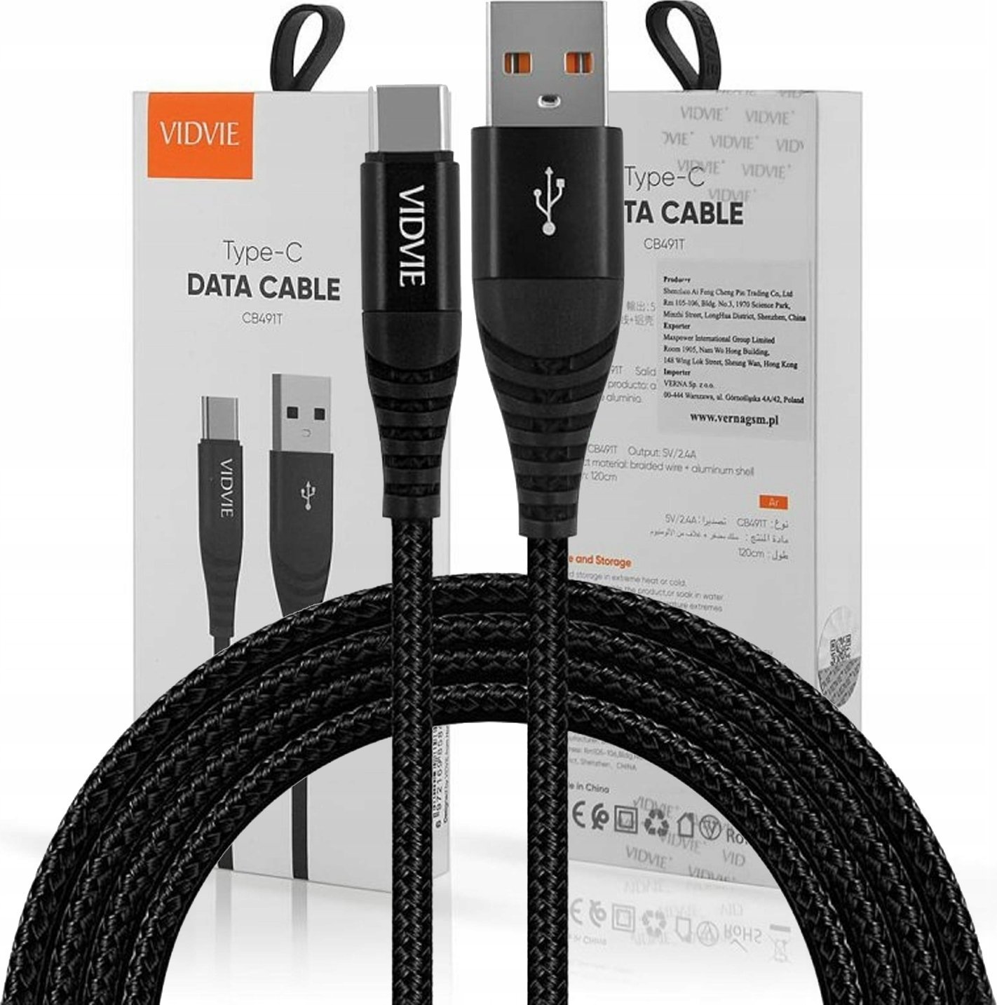 Kabel USB Vidvie USB-A - USB-C 1.2 m Czarny (GSMA0129)