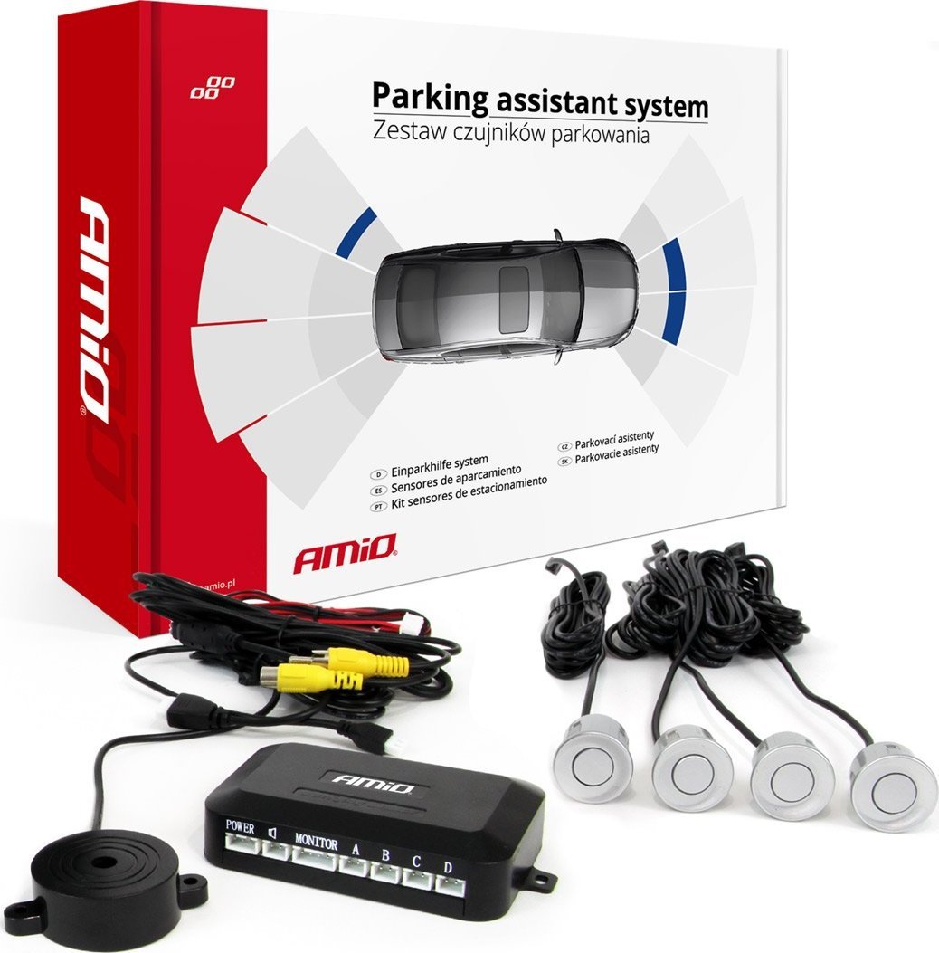 AMiO Zestaw czujników parkowania pod kamerę i wyświetlacz lcd srebrne 22mm amio-02990