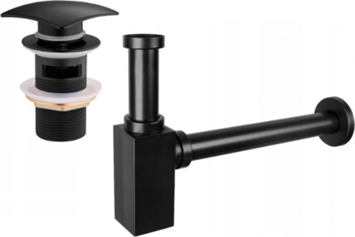 Syfon Mexen Mexen półsyfon umywalkowy kwadratowy z korkiem klik-klak, z przelewem, czarny - 7992660-70