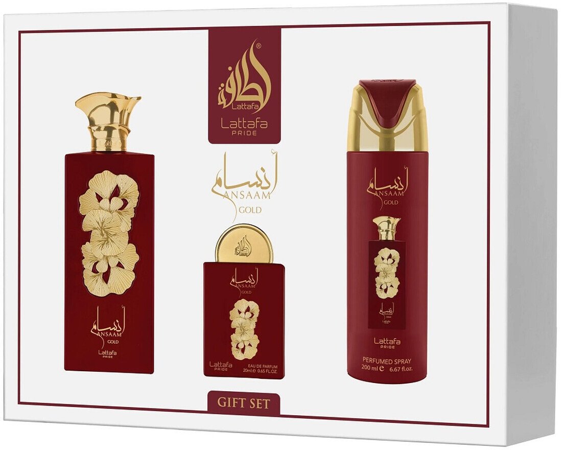 Lattafa Ansaam Gold Zestaw woda perfumowana spray 100ml + woda perfumowana spray 20ml + dezodorant spray 200ml