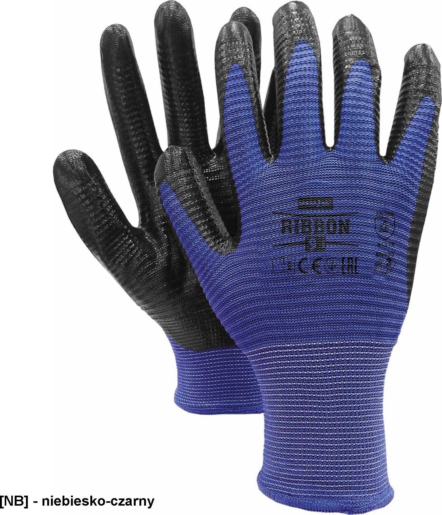 R.E.I.S. RIBBON - Rękawice ochronne wykonane z poliestru (ścieg 13), powlekane nitrylem - niebiesko-czarny 10