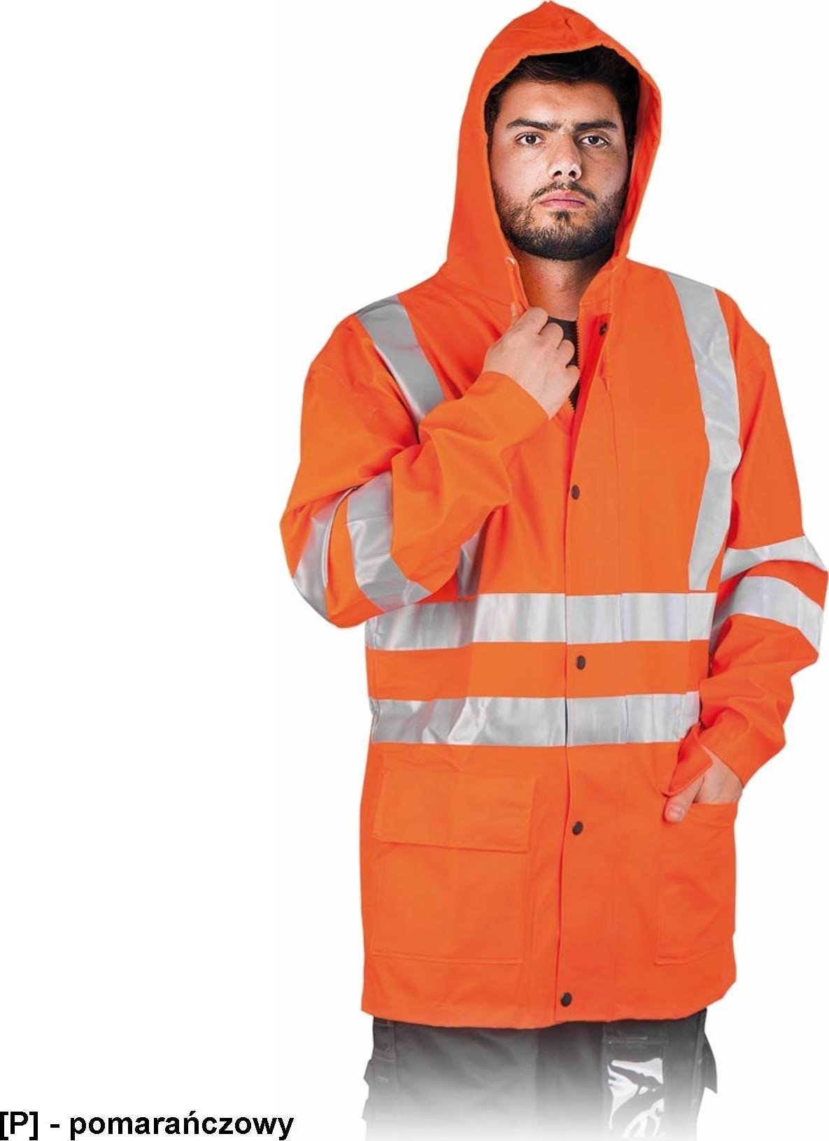 R.E.I.S. KPDPUFLUO - Kurtka przeciwdeszczowa z elastycznego materiału o wysokiej wytrzymałości z pasami odblaskowymi - pomarańczowy L